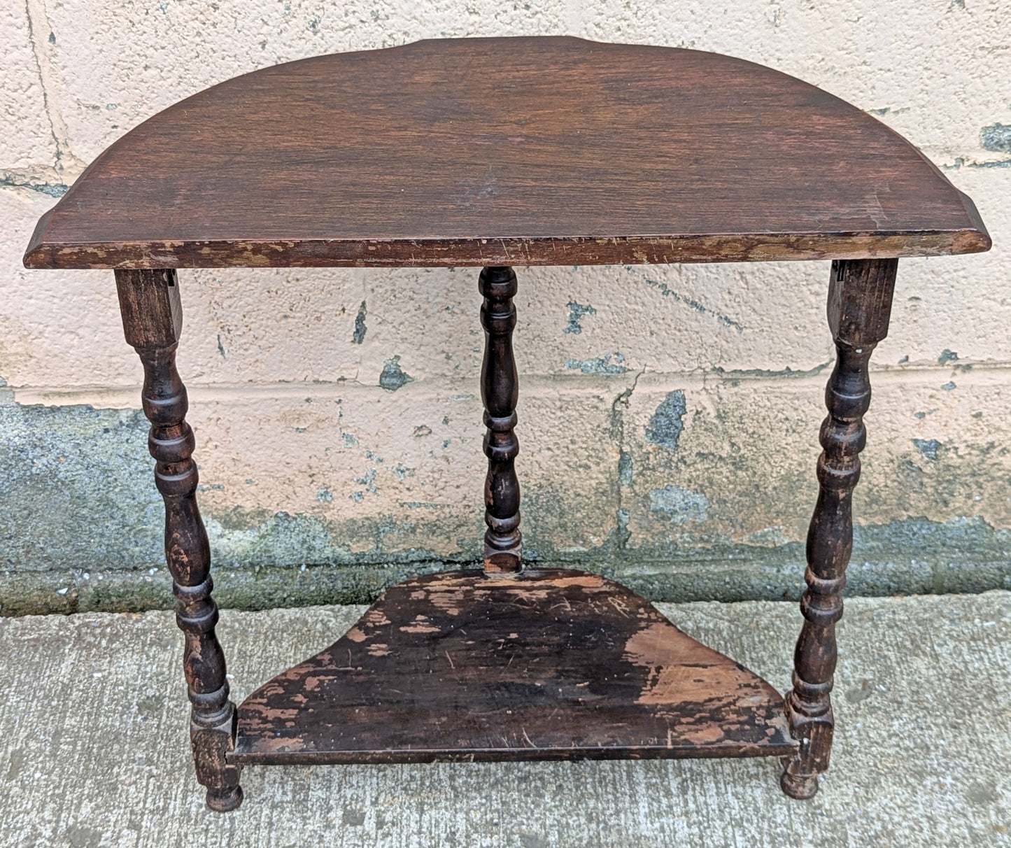 Antique Vintage Old DISTRESSED Salvaged Victorian Solid Wood Wooden Console Half Round Semi Circle Lamp End Side Pedestal Table Plant Stand