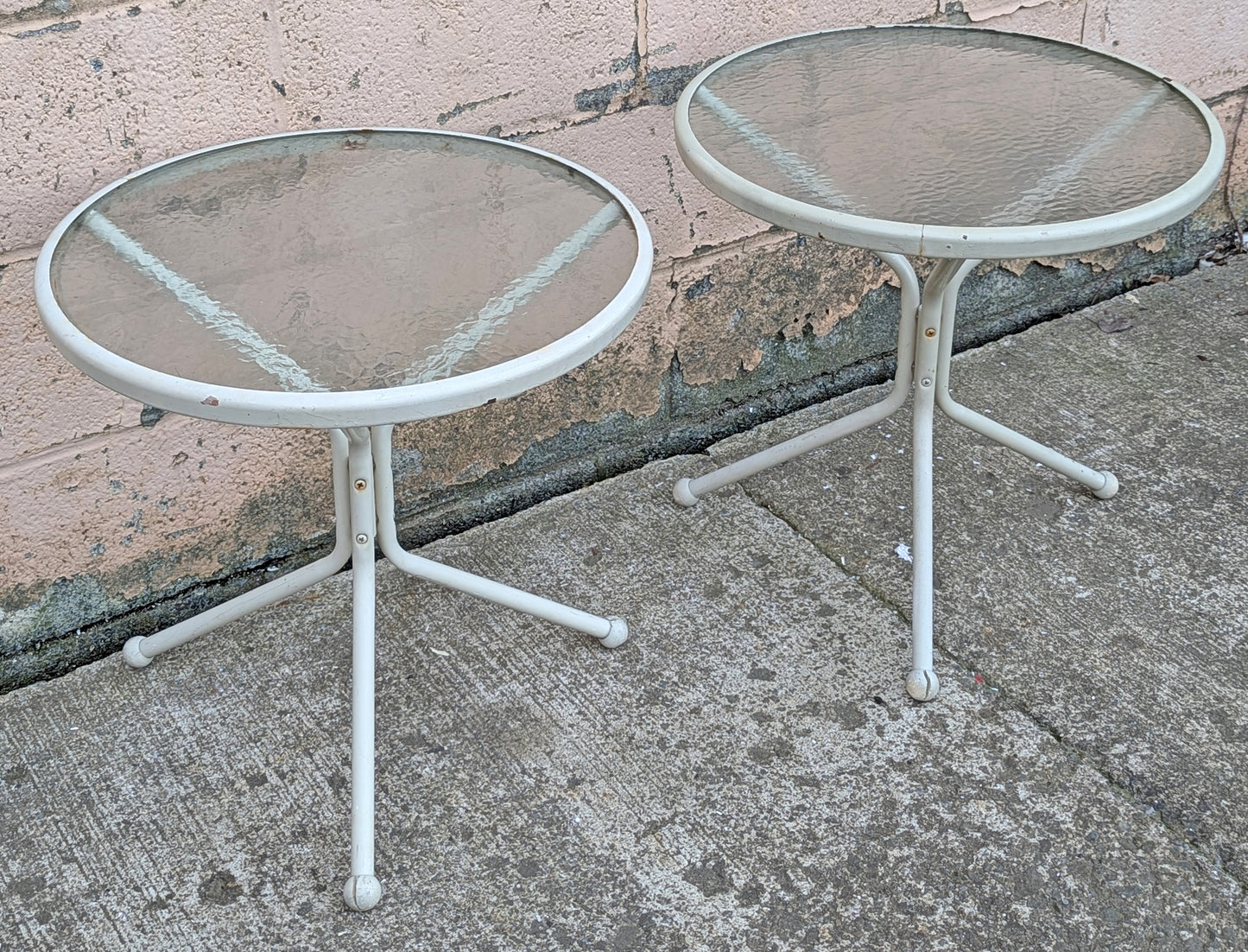 Pair of Vintage Old Reclaimed Salvaged Painted Metal Steel Patio Garden Sunroom Porch Accent Side End Table Round Circle Textured Glass Top