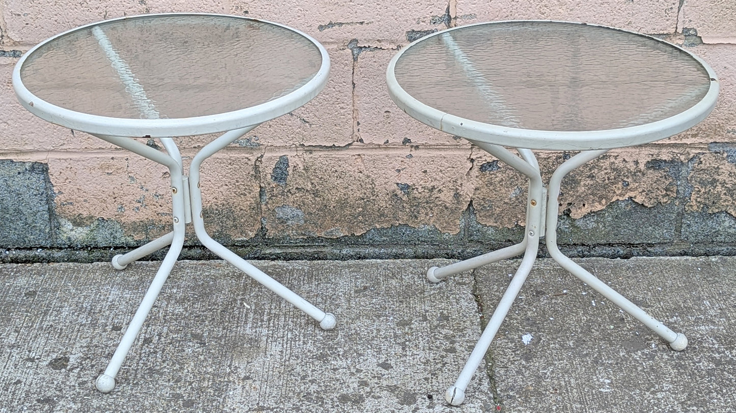 Pair of Vintage Old Reclaimed Salvaged Painted Metal Steel Patio Garden Sunroom Porch Accent Side End Table Round Circle Textured Glass Top
