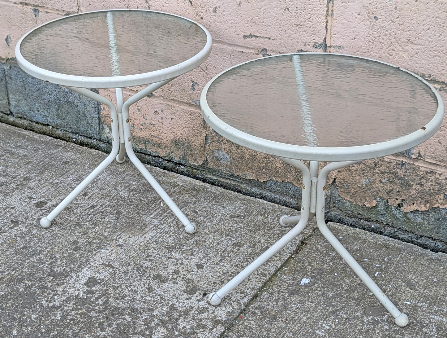Pair of Vintage Old Reclaimed Salvaged Painted Metal Steel Patio Garden Sunroom Porch Accent Side End Table Round Circle Textured Glass Top