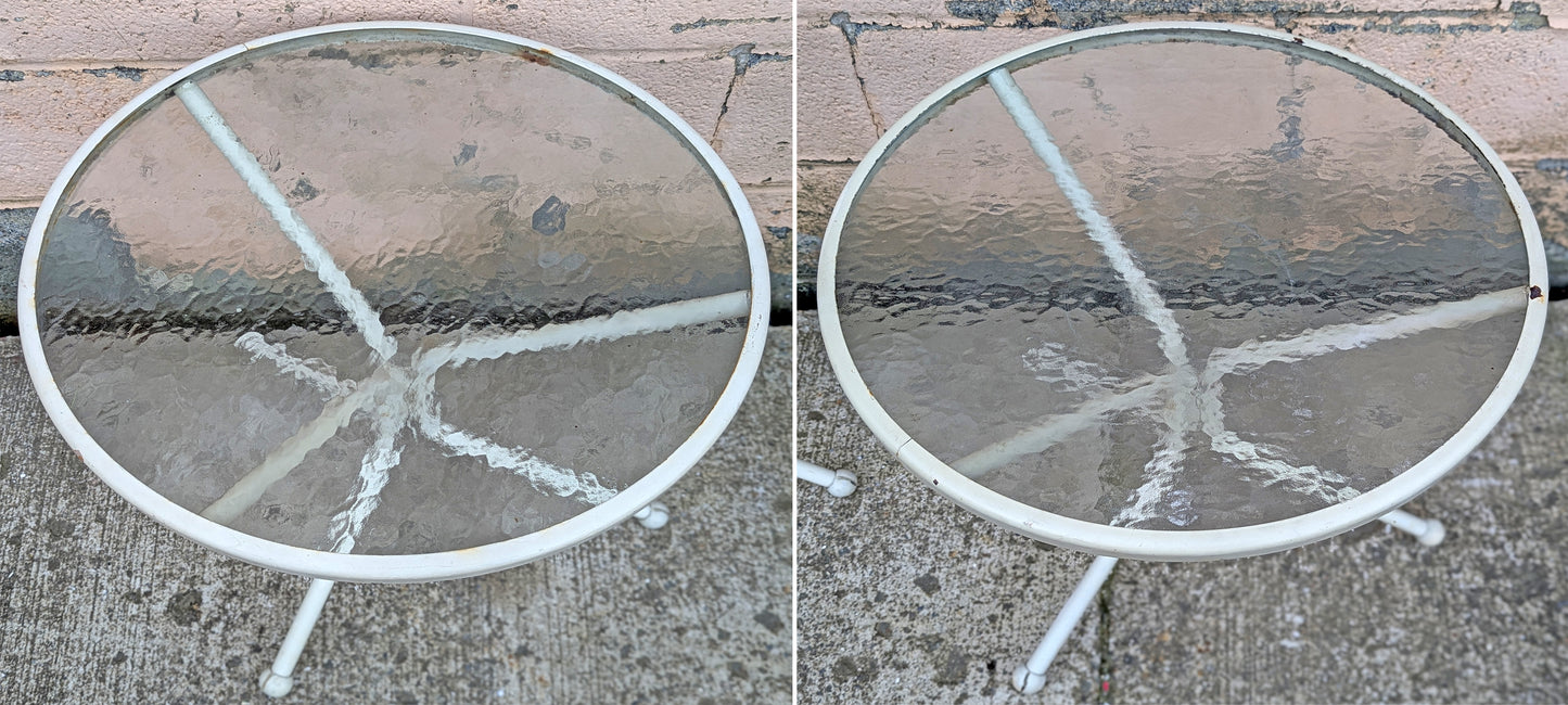Pair of Vintage Old Reclaimed Salvaged Painted Metal Steel Patio Garden Sunroom Porch Accent Side End Table Round Circle Textured Glass Top
