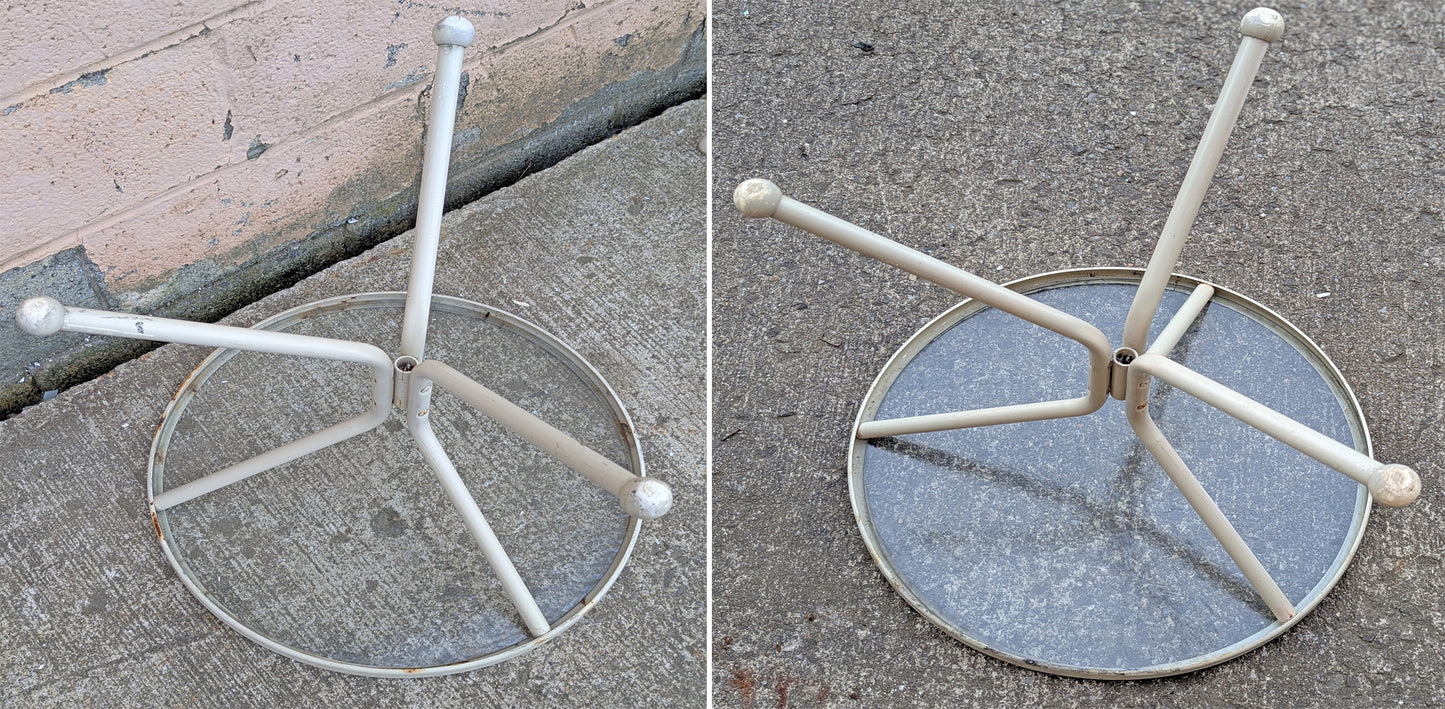 Pair of Vintage Old Reclaimed Salvaged Painted Metal Steel Patio Garden Sunroom Porch Accent Side End Table Round Circle Textured Glass Top