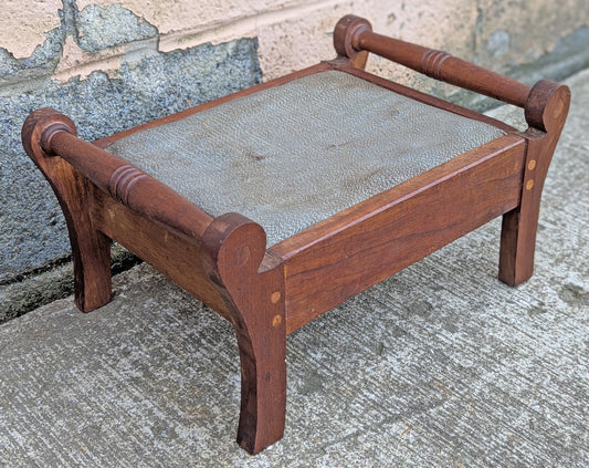 Antique Vintage Old Victorian Handmade Handcrafted SOLID Wood Wooden Kneeling Bench Foot Stool Ottoman Stand Floral Blue Fabric Seat Design