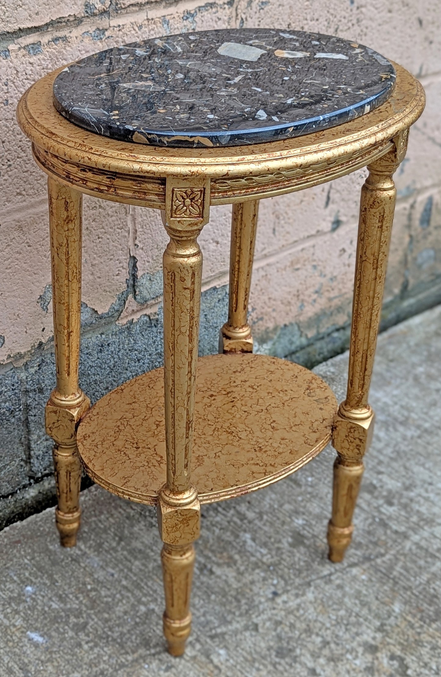 Vintage Antique Old Reclaimed Salvaged Oval Hollywood Regency Marble Top Solid Wood 2 Tier End Side Accent Sofa Lamp Table Plant Nightstand