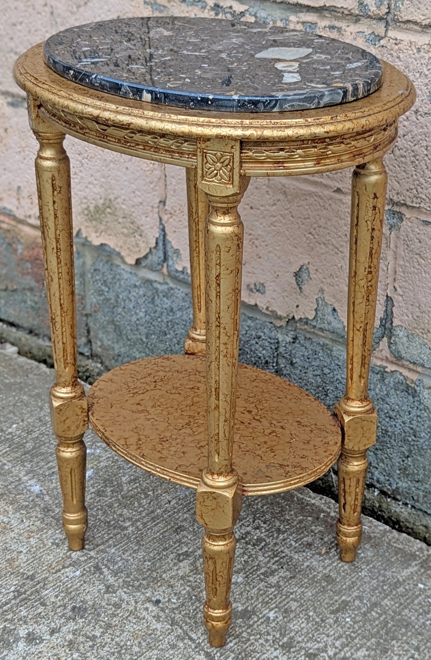 Vintage Antique Old Reclaimed Salvaged Oval Hollywood Regency Marble Top Solid Wood 2 Tier End Side Accent Sofa Lamp Table Plant Nightstand