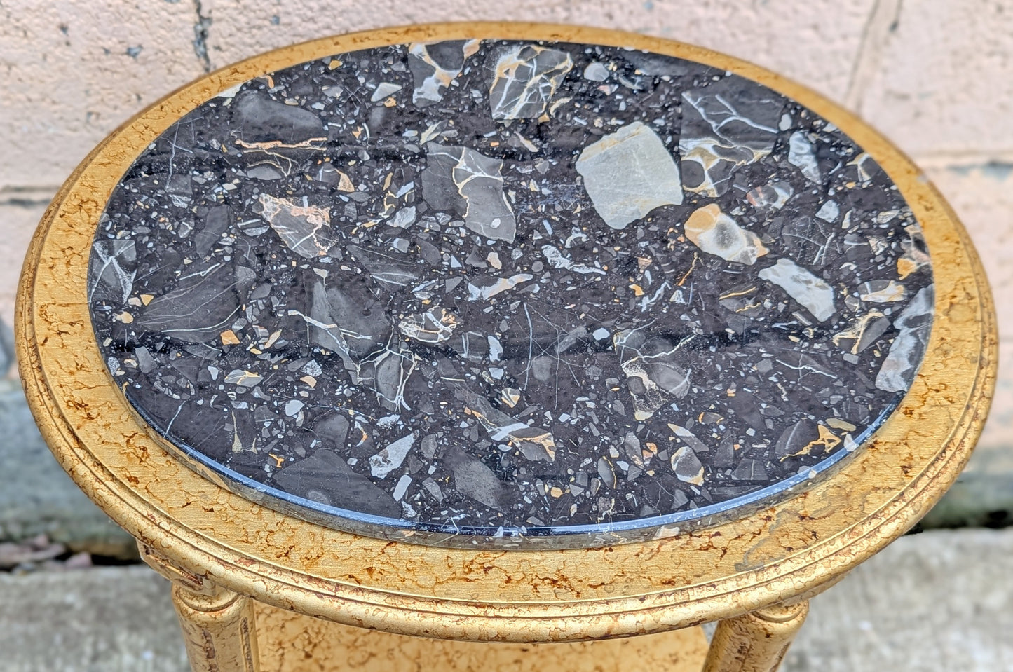 Vintage Antique Old Reclaimed Salvaged Oval Hollywood Regency Marble Top Solid Wood 2 Tier End Side Accent Sofa Lamp Table Plant Nightstand