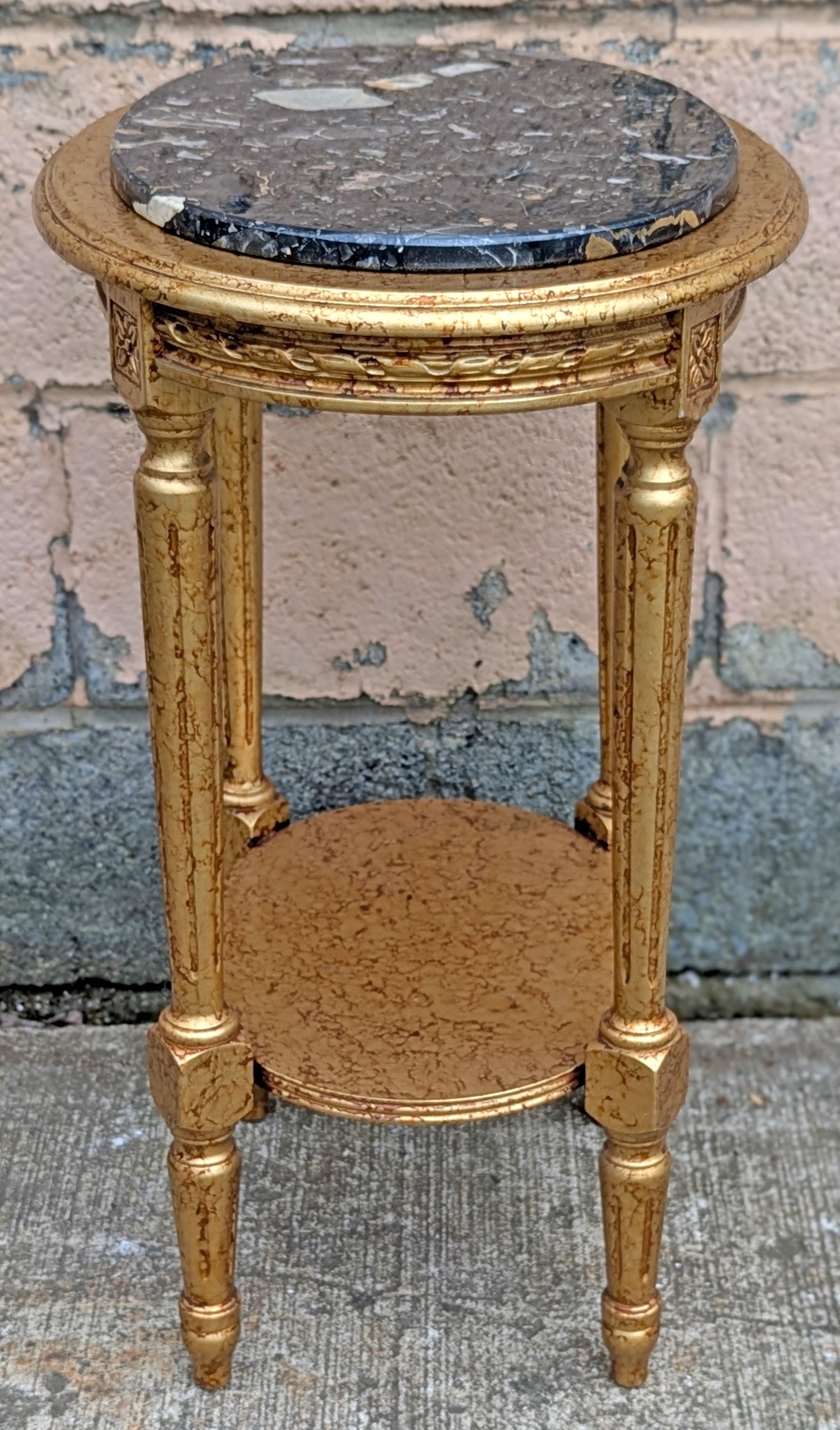 Vintage Antique Old Reclaimed Salvaged Oval Hollywood Regency Marble Top Solid Wood 2 Tier End Side Accent Sofa Lamp Table Plant Nightstand