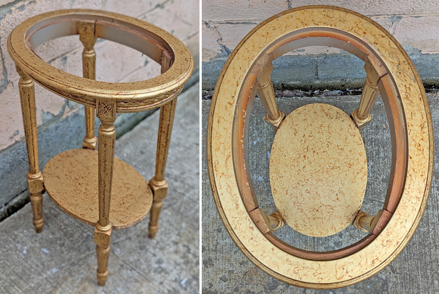 Vintage Antique Old Reclaimed Salvaged Oval Hollywood Regency Marble Top Solid Wood 2 Tier End Side Accent Sofa Lamp Table Plant Nightstand