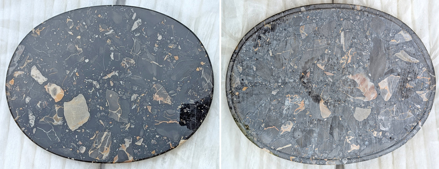 Vintage Antique Old Reclaimed Salvaged Oval Hollywood Regency Marble Top Solid Wood 2 Tier End Side Accent Sofa Lamp Table Plant Nightstand