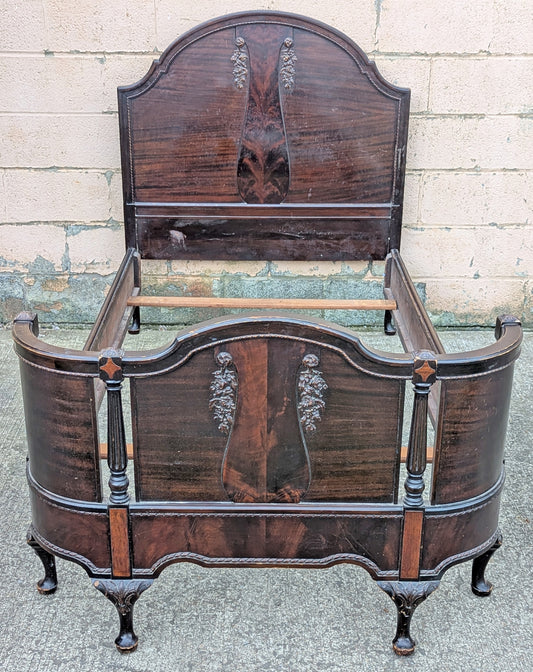 Antique Old Victorian Reclaimed Salvaged SOLID Walnut Wood Wooden Curved Bowed Twin Size Bed Frames Head Foot Board Set