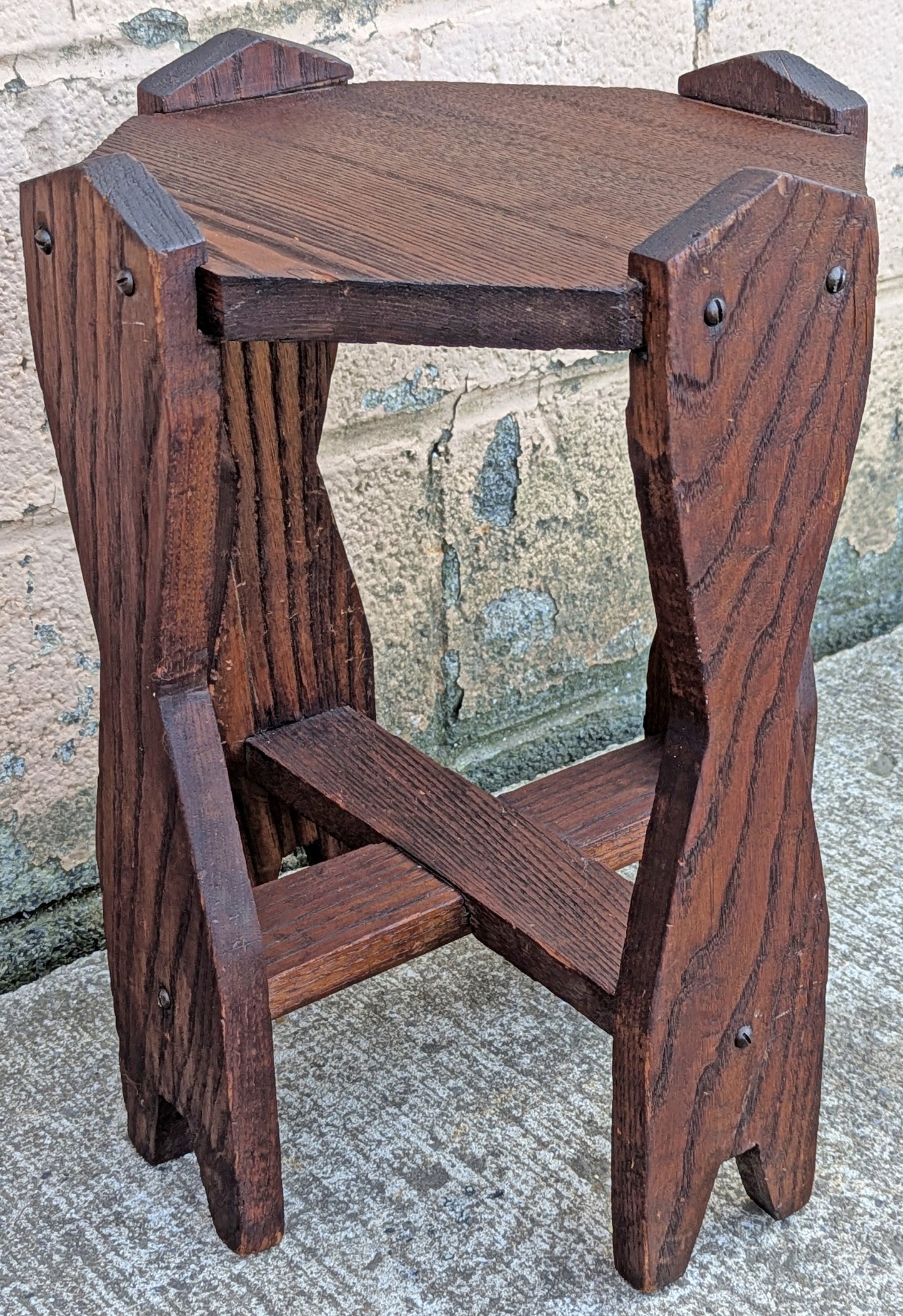 Antique Vintage Old Reclaimed Salvaged Handmade Handcrafted Solid Oak Wood Wooden Octagon Octagonal Lamp End Side Accent Table Plant Stand