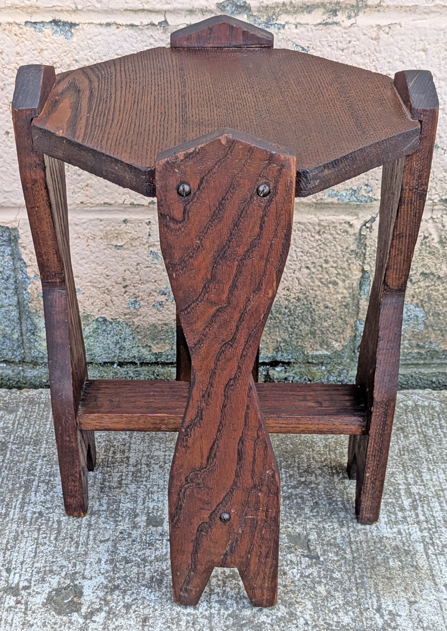 Antique Vintage Old Reclaimed Salvaged Handmade Handcrafted Solid Oak Wood Wooden Octagon Octagonal Lamp End Side Accent Table Plant Stand