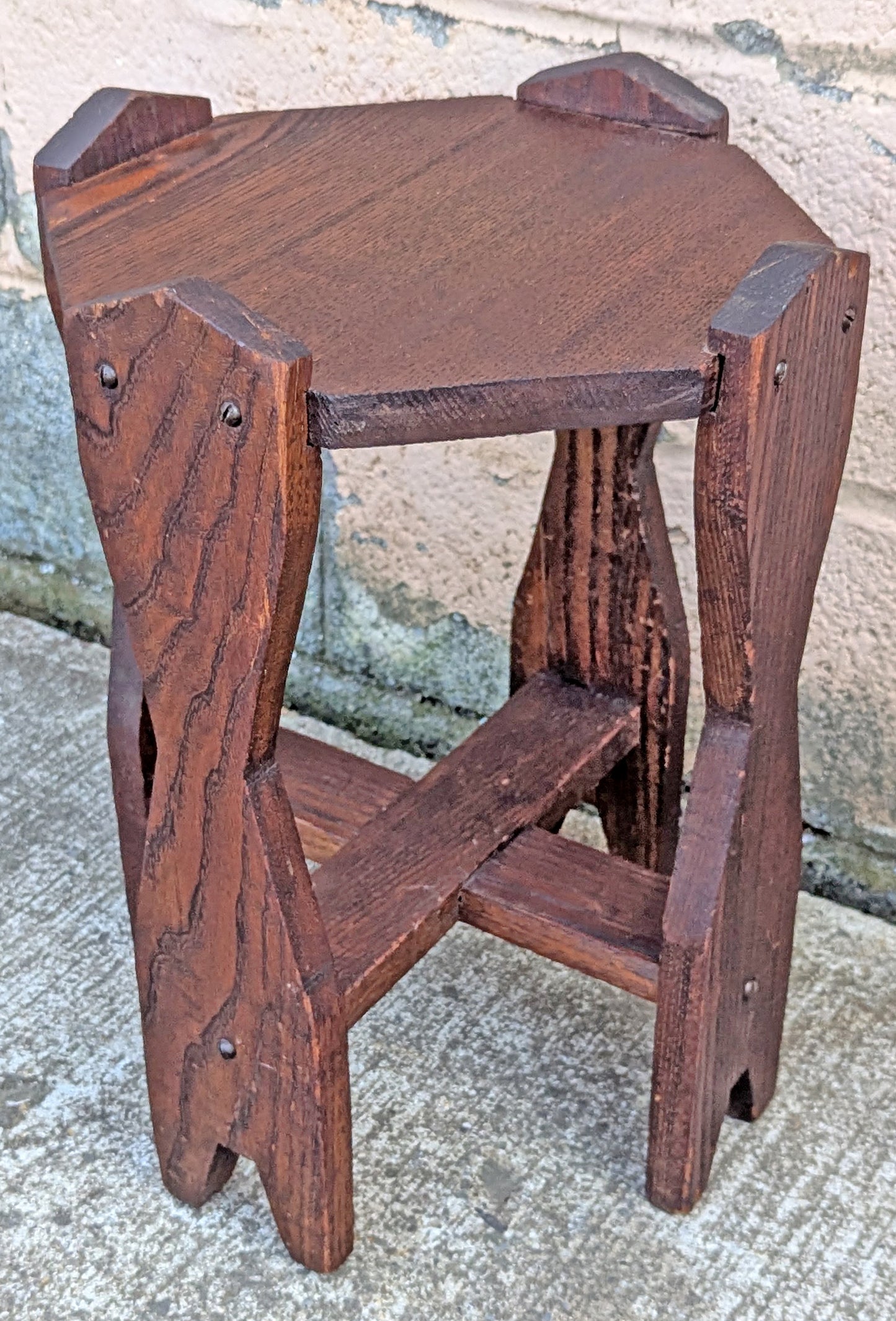 Antique Vintage Old Reclaimed Salvaged Handmade Handcrafted Solid Oak Wood Wooden Octagon Octagonal Lamp End Side Accent Table Plant Stand