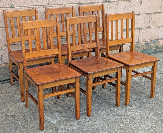 Set of 6 Antique Vintage Old Reclaimed Salvaged Arts Crafts Solid Maple Wood Wooden School Church Lodge Side Accent Dining Seat Chairs