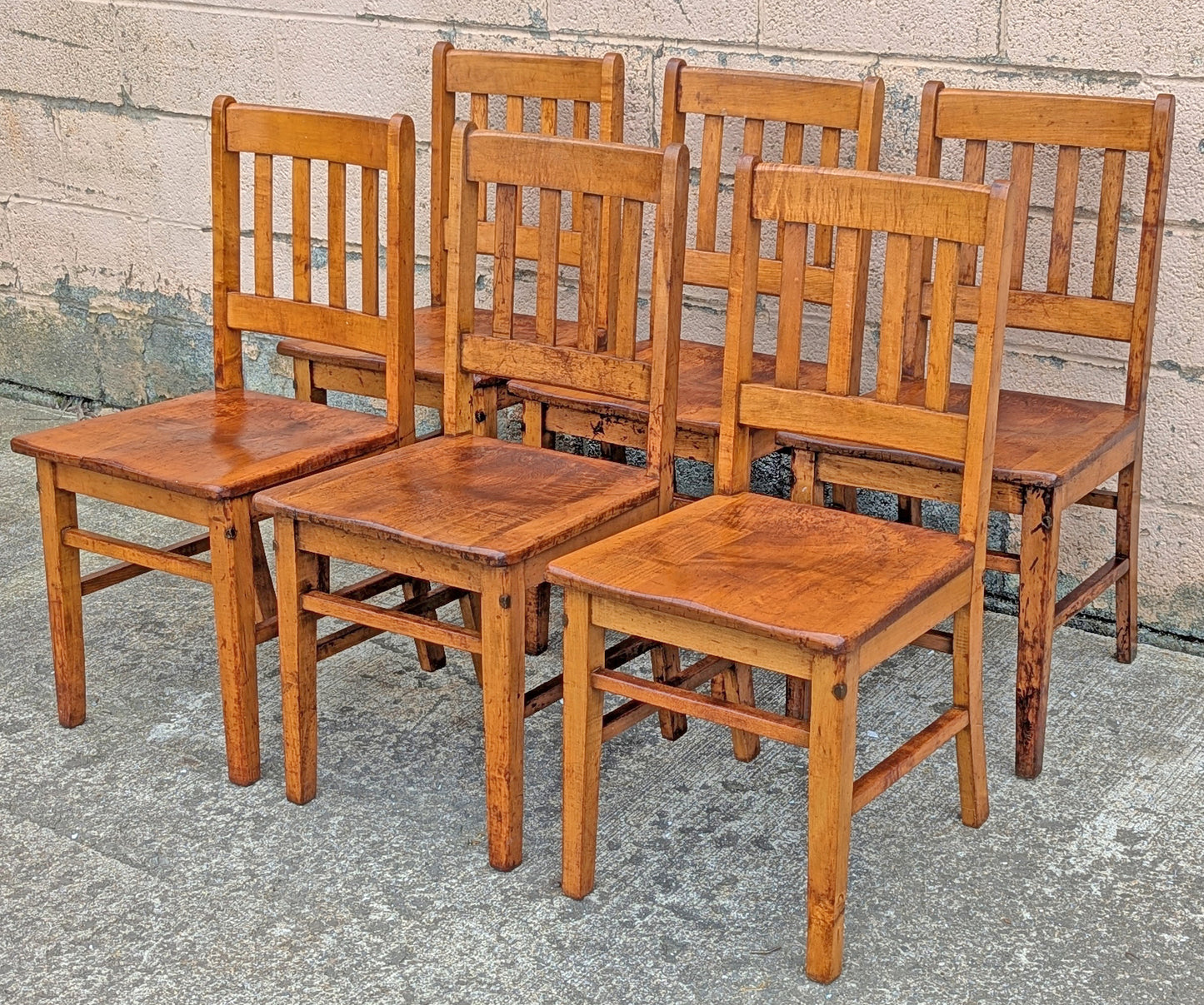 Set of 6 Antique Vintage Old Reclaimed Salvaged Arts Crafts Solid Maple Wood Wooden School Church Lodge Side Accent Dining Seat Chairs