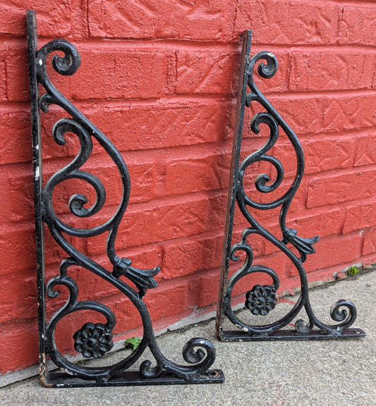 Large HEAVY Pair 19"x10" Antique Vintage Old Reclaimed Salvaged Cast Iron Ornate Victorian Shelf Bracket Support Corbel End