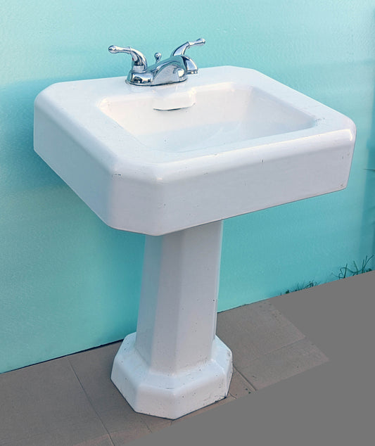 31"H Antique Vintage Old Salvaged Reclaimed 1932 White Porcelain Cast Iron Pedestal Bathroom Sink Art Deco Style