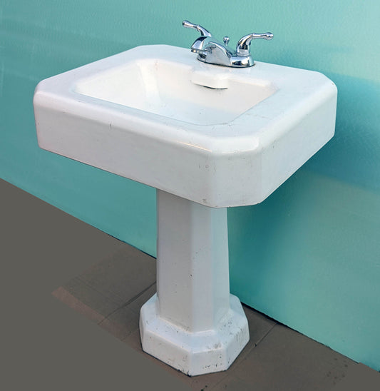 31"H Antique Vintage Old Salvaged Reclaimed 1932 White Porcelain Cast Iron Pedestal Bathroom Sink Art Deco Style
