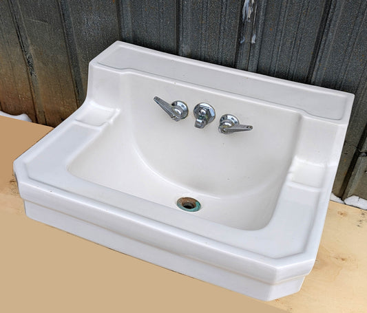 Antique Vintage Old Salvaged Reclaimed 1949 "Richmond" Art Deco White Porcelain Bathroom Wall Sink Original Chrome Brass Fixtures