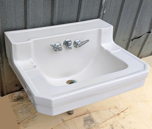 Antique Vintage Old Salvaged Reclaimed 1949 "Richmond" Art Deco White Porcelain Bathroom Wall Sink Original Chrome Brass Fixtures