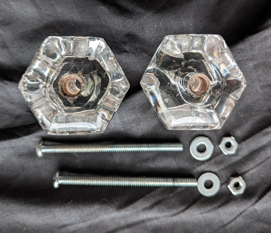 2 Pair available BIG Antique Vintage Old Salvaged Reclaimed 6-sided Hexagon Glass Drawer Cabinet Furniture Door Knob Pull Handle