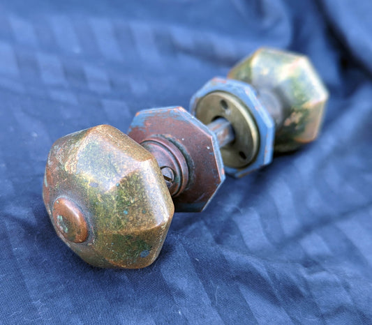 Pair of Antique Vintage Old YALE Solid Brass Octagonal Octagon Doorknob Door Knobs Plates Rosettes Set