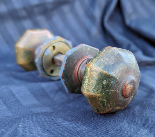 Pair of Antique Vintage Old YALE Solid Brass Octagonal Octagon Doorknob Door Knobs Plates Rosettes Set