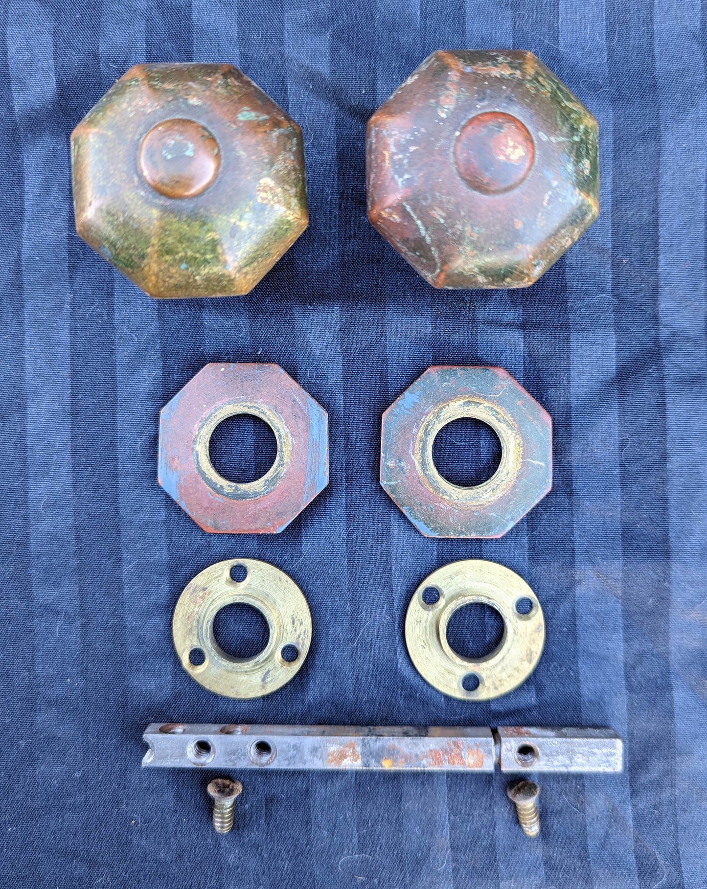 Pair of Antique Vintage Old YALE Solid Brass Octagonal Octagon Doorknob Door Knobs Plates Rosettes Set