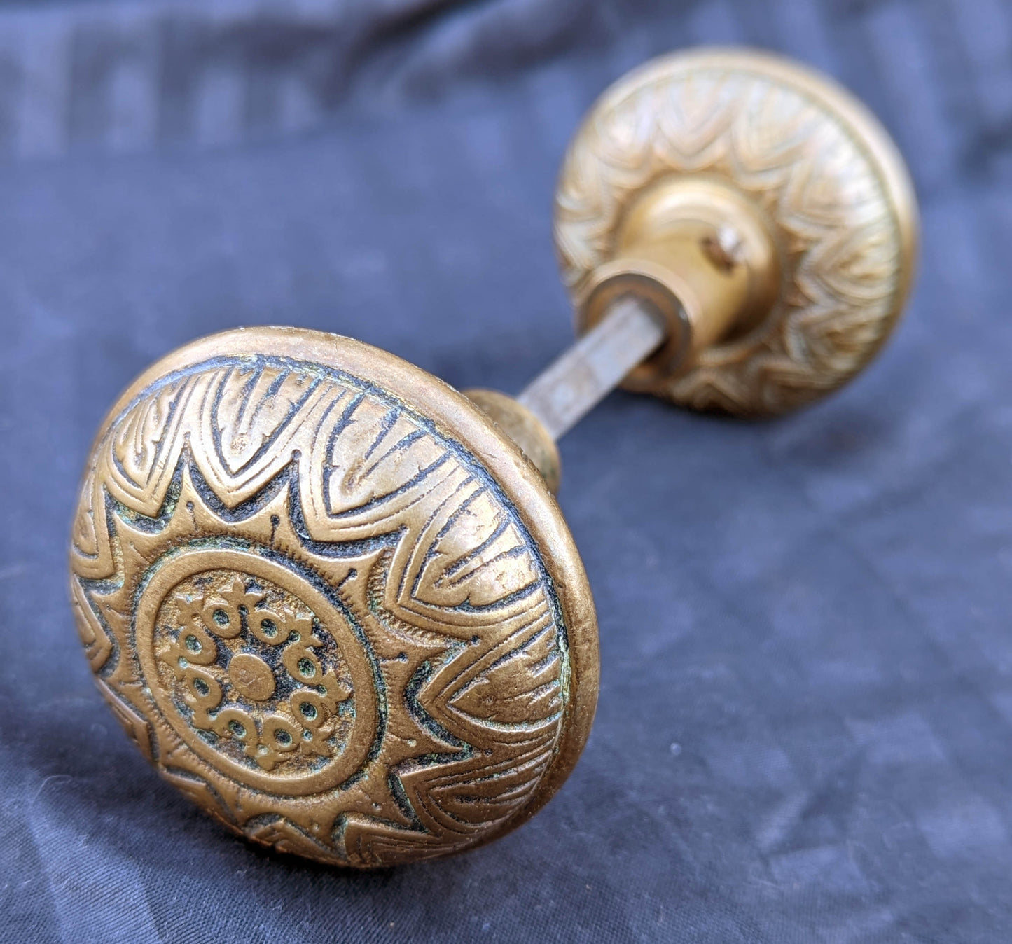 Pair Antique 1880 Vintage Old Salvaged Reclaimed Victorian Greek Revival Neo Grec Solid Cast Bronze CORBIN Doorknobs Door Knobs