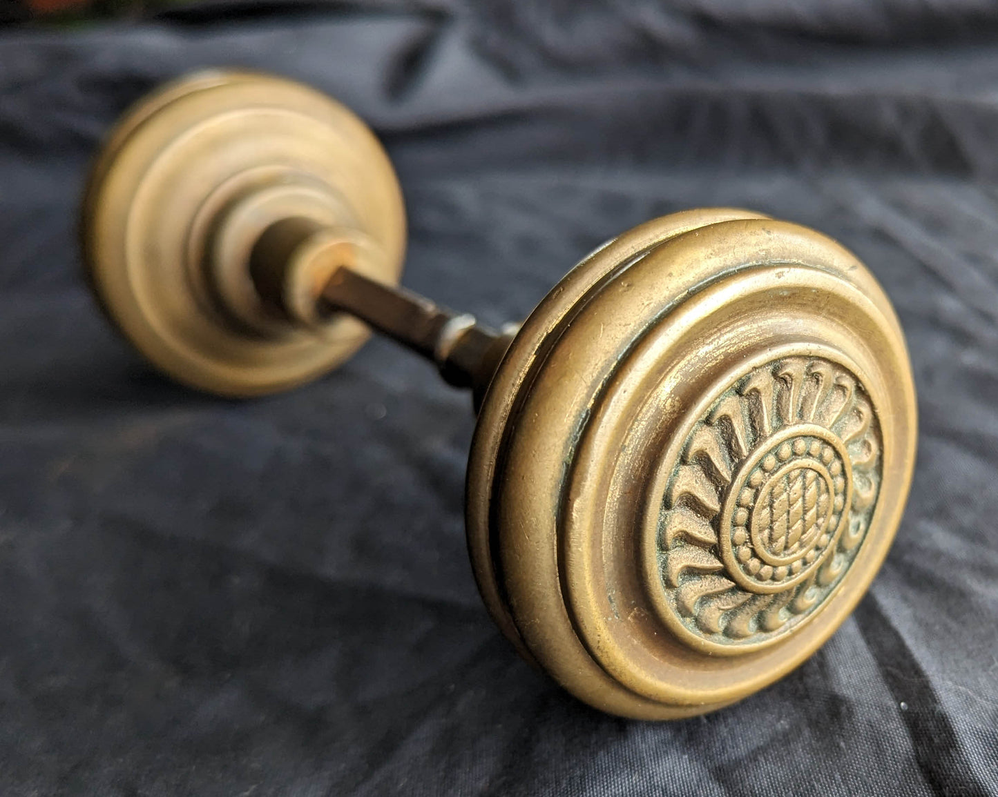 Pair Antique 1880 Vintage Old Salvaged Reclaimed Victorian Greek Revival Neo Grec Solid Cast Bronze Doorknobs Door Knobs