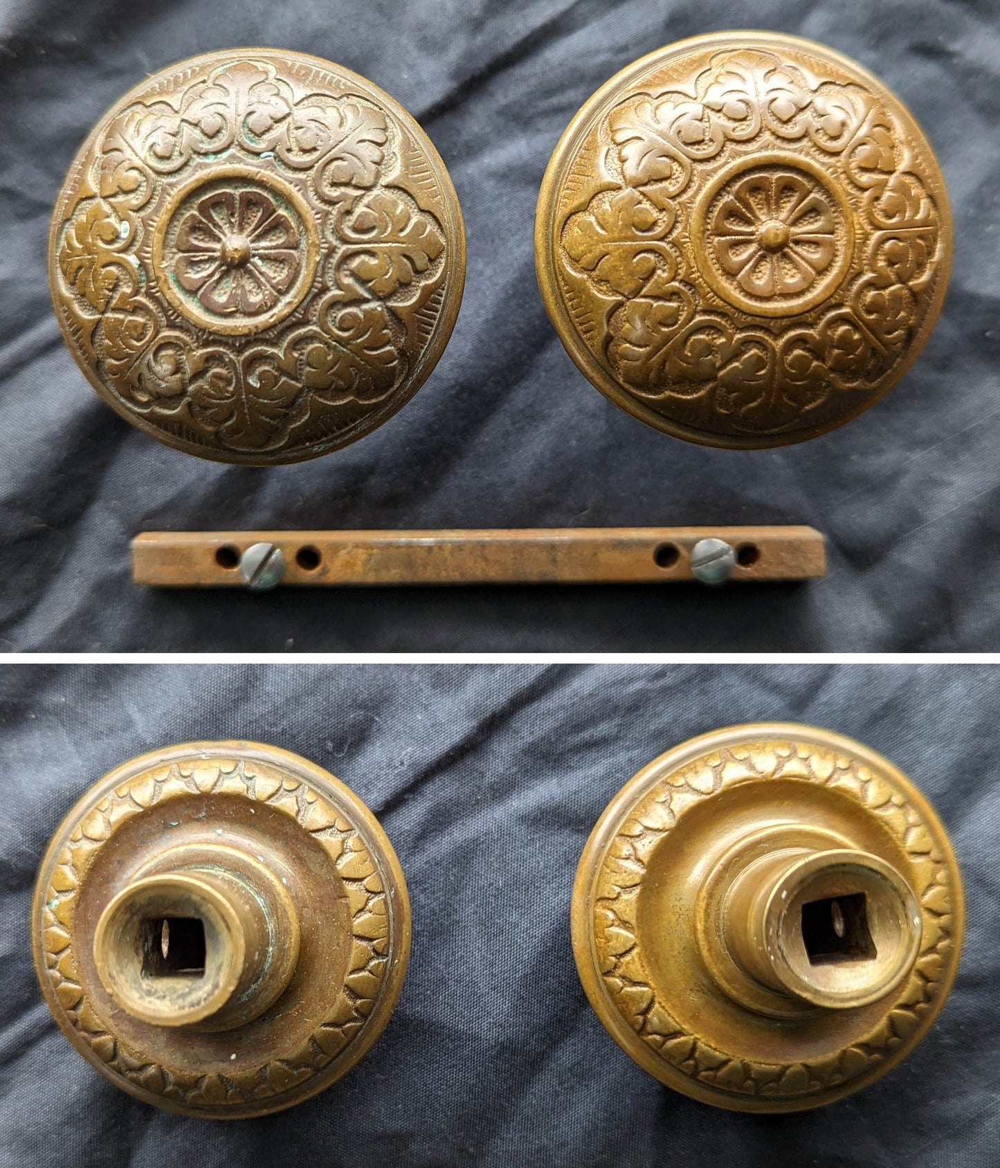 Pair Antique 1874 Vintage Old Salvaged Reclaimed Victorian Greek Revival Neo Grec Solid Cast Bronze CORBIN Doorknobs Door Knobs