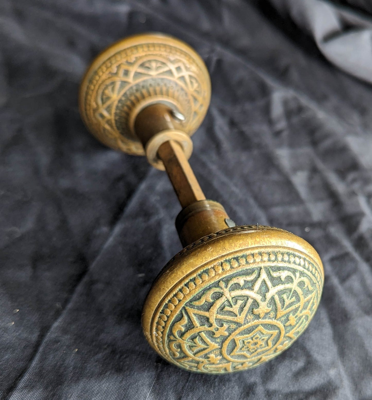 Pair Antique 1880 Vintage Old Salvaged Reclaimed Victorian Greek Revival Neo Grec Solid Cast Bronze CORBIN Doorknobs Door Knobs