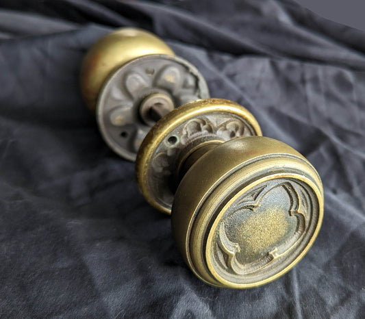 2 Pairs available Antique Vintage Old Salvaged Reclaimed Gothic Set SOLID Brass Quatrefoil Doorknob Door Knobs Plates Rosette Hardware