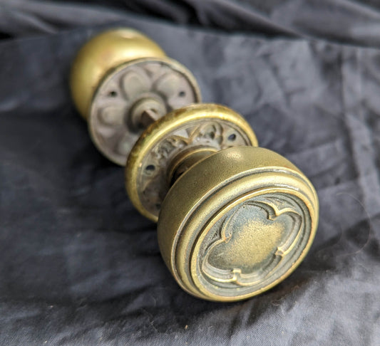 2 Pairs available Antique Vintage Old Salvaged Reclaimed Gothic Set SOLID Brass Quatrefoil Doorknob Door Knobs Plates Rosette Hardware