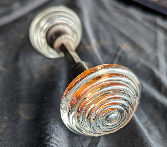 Pair Antique Vintage Old Salvaged Reclaimed Victorian Concentric Glass Doorknobs Door Knobs Cast Iron Base Shank