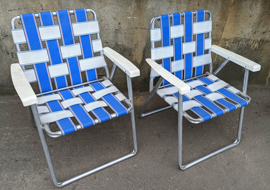 Pair Vintage Vtg Old Retro Aluminum Metal Folding Foldable Beach Lawn Pool Patio Garden Camping Fishing Arm Chairs Armchairs Seat Blue White Nylon Fabric Webbing