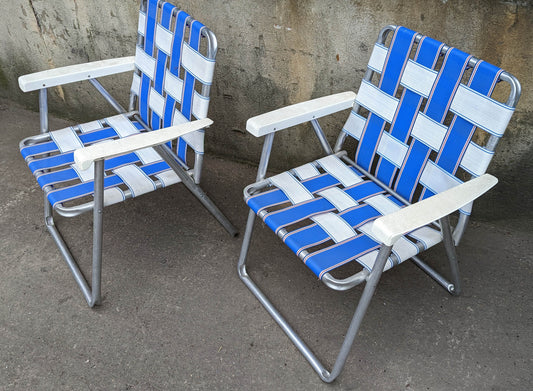 Pair Vintage Vtg Old Retro Aluminum Metal Folding Foldable Beach Lawn Pool Patio Garden Camping Fishing Arm Chairs Armchairs Seat Blue White Nylon Fabric Webbing