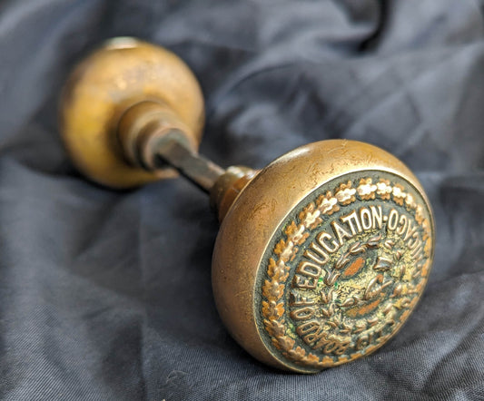 Pair Antique Vintage Old "City of Chicago Board of Education" SOLID Brass Doorknob Door Knobs Handles