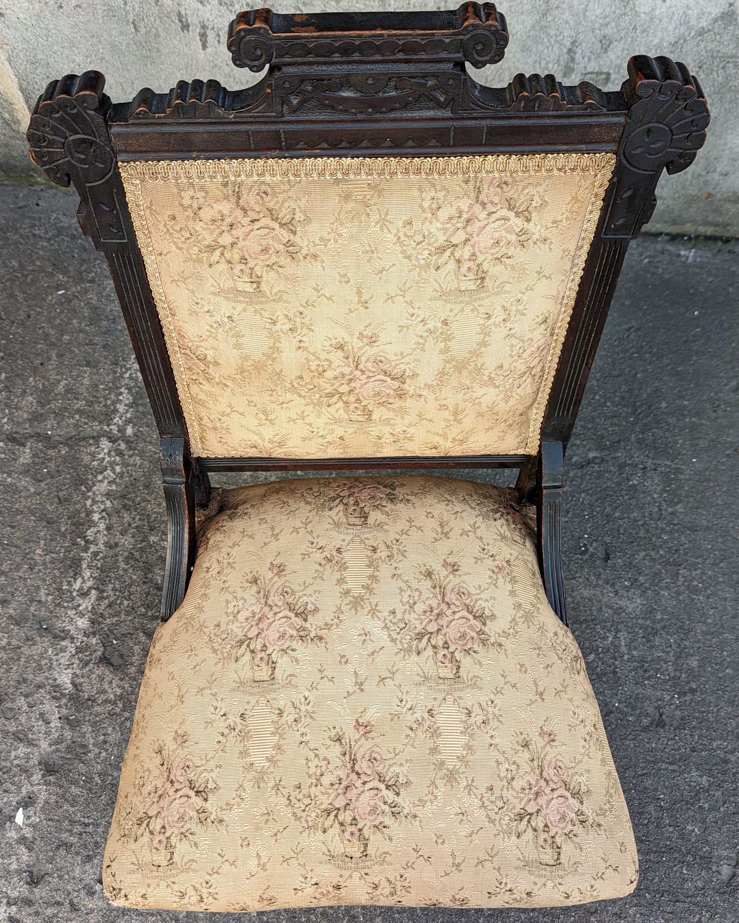 Antique Vintage Old Hand Carved Eastlake Victorian SOLID Walnut Wood Wooden Side Dining Accent Chair Floral Fabric
