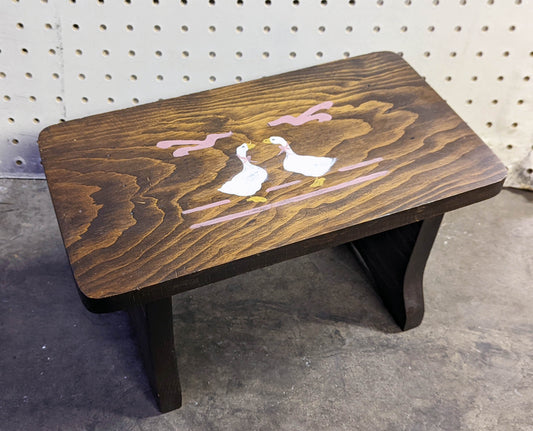Small Vintage Antique Old Solid Maple Wood Wooden Rectangular Table Foot Step Stool Plant Stand Side Accent Chair Seat Hand Painted Geese