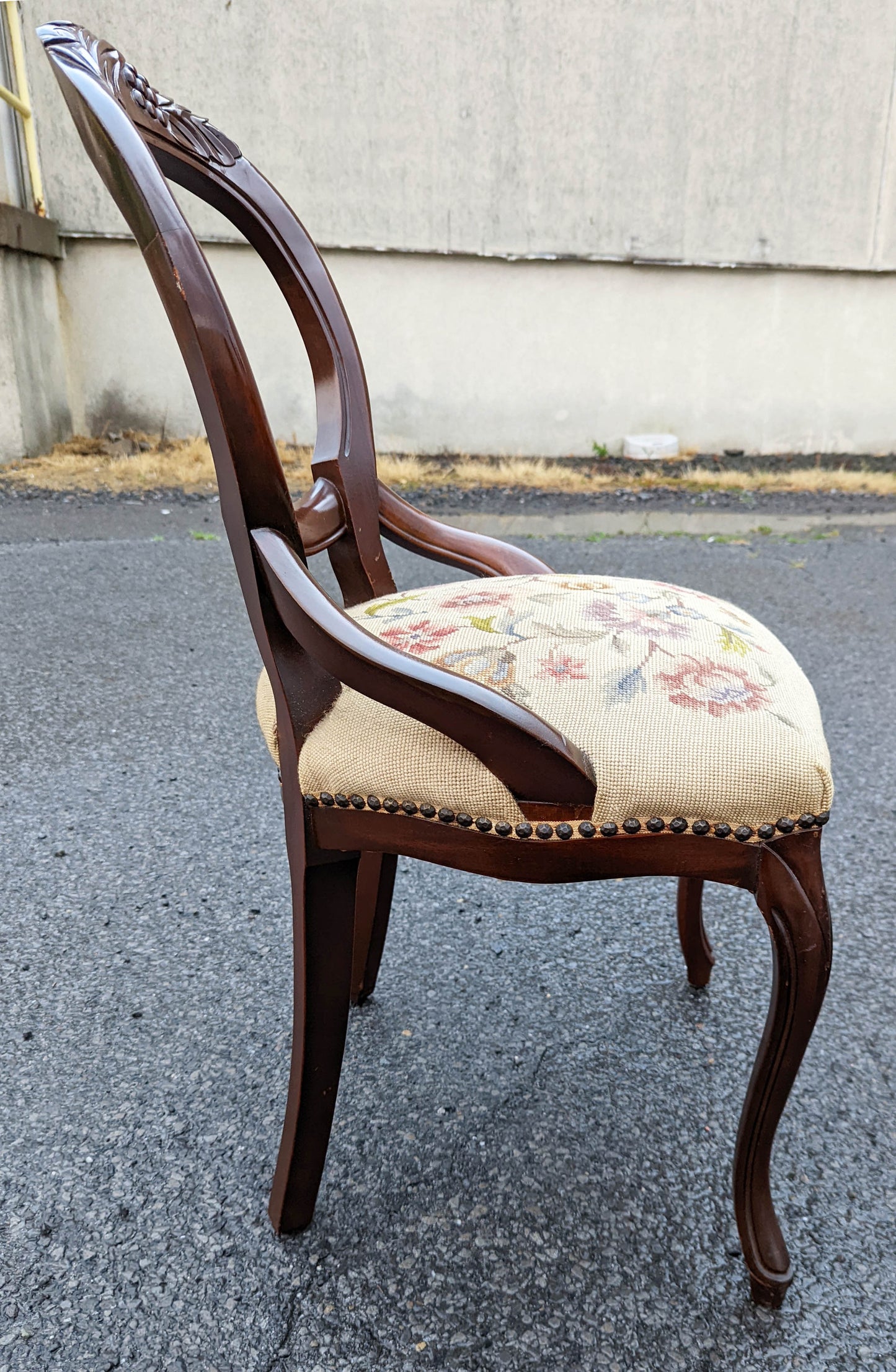 Antique Vintage Old Victorian Carved SOLID Walnut Mahogany Wood Wooden Floral Fabric Side Dining Accent Chair Ottoman Foot Stool Bench