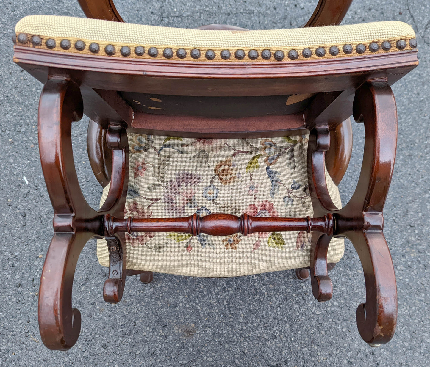 Antique Vintage Old Victorian Carved SOLID Walnut Mahogany Wood Wooden Floral Fabric Side Dining Accent Chair Ottoman Foot Stool Bench