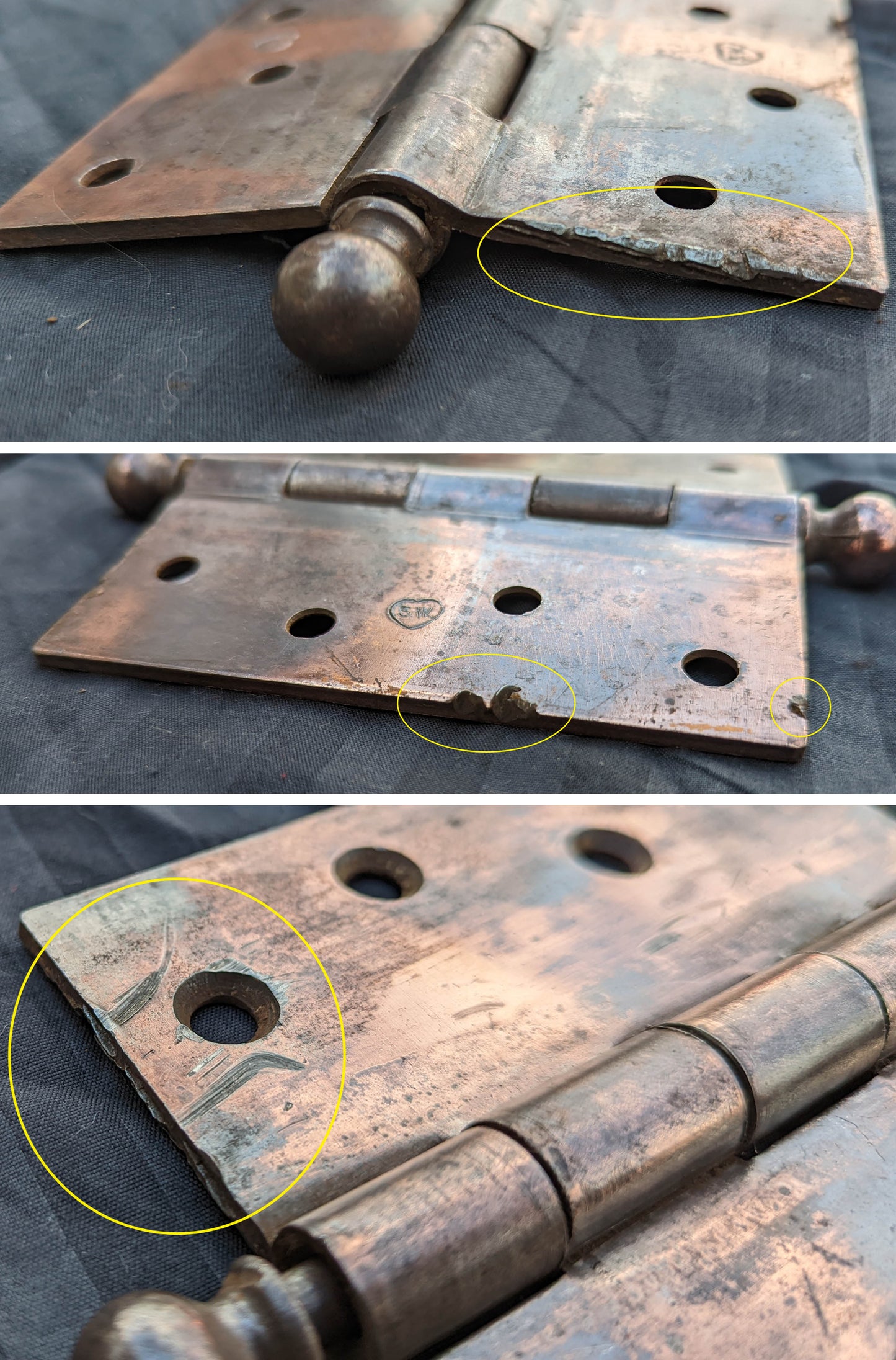 Pair 4.5"x5.5" Antique Vintage Old Reclaimed Salvaged "Stanley" Steel Copper Steel Ball Tip Finial Exterior Entry Door Hinges Screws