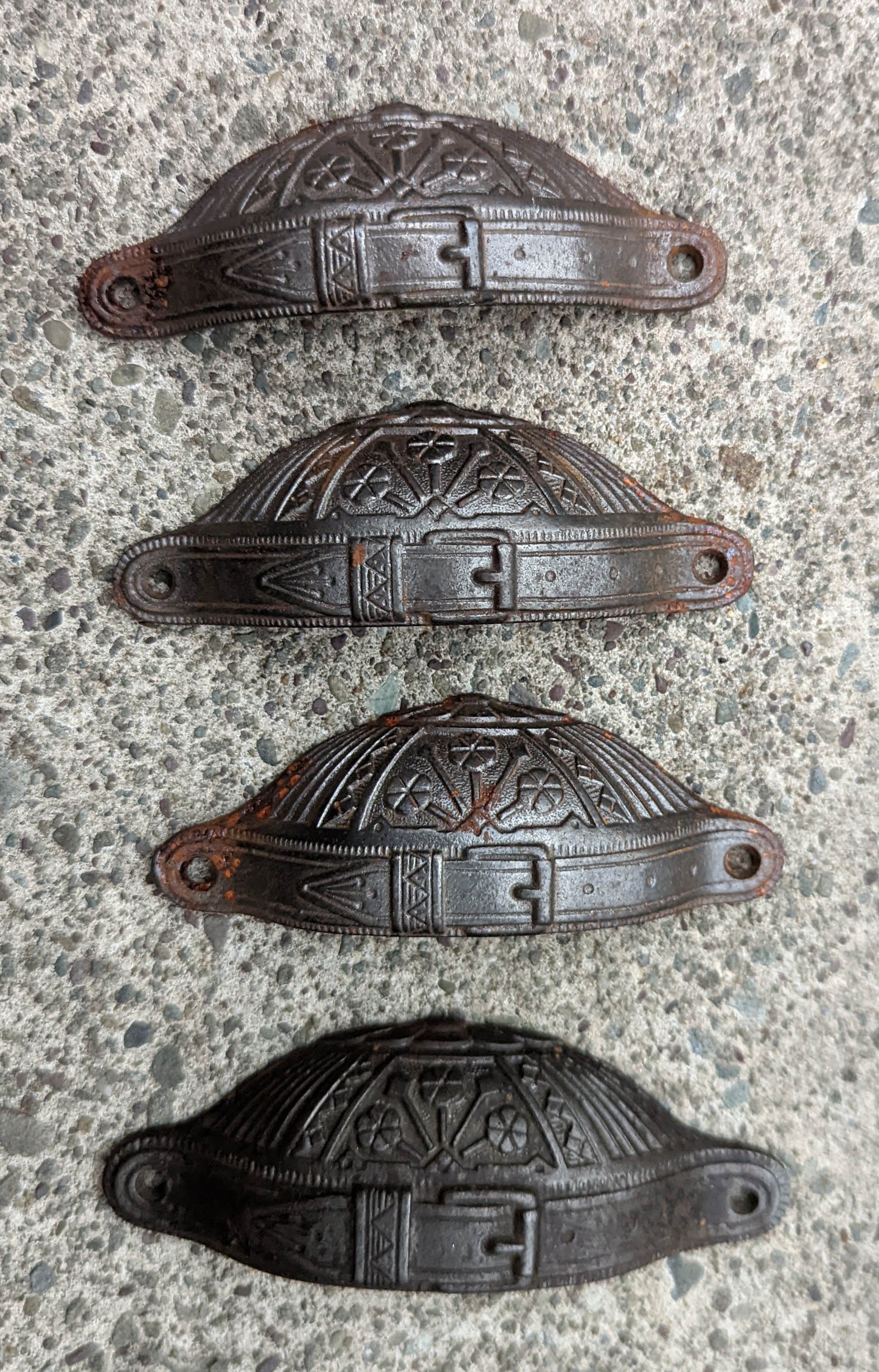 Lot of 4 Antique Vintage Old "Russell & Erwin" SOLID Cast Iron Steel Dresser Desk Drawer Bin Furniture Pull Handle Eastlake Aesthetic Victorian Style