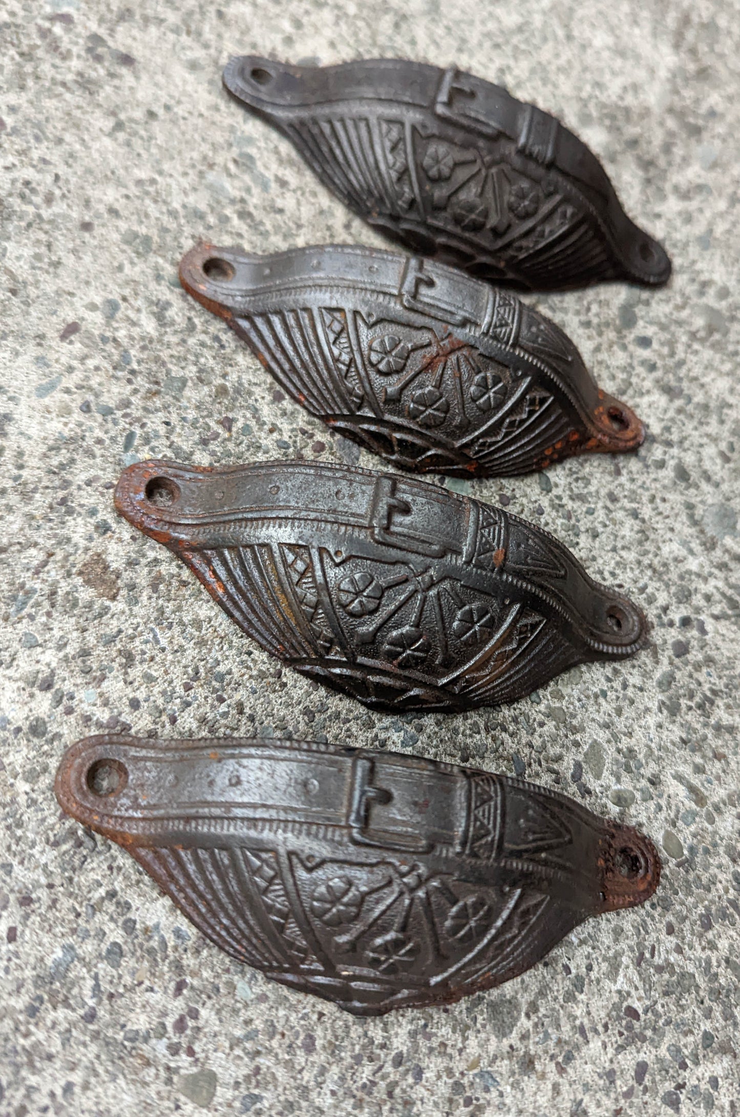 Lot of 4 Antique Vintage Old "Russell & Erwin" SOLID Cast Iron Steel Dresser Desk Drawer Bin Furniture Pull Handle Eastlake Aesthetic Victorian Style