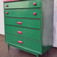 Green & Pink Vintage Old Mid Century Modern Antique Solid Wood Wooden Dresser Highboy High Boy Chest 5 Drawers
