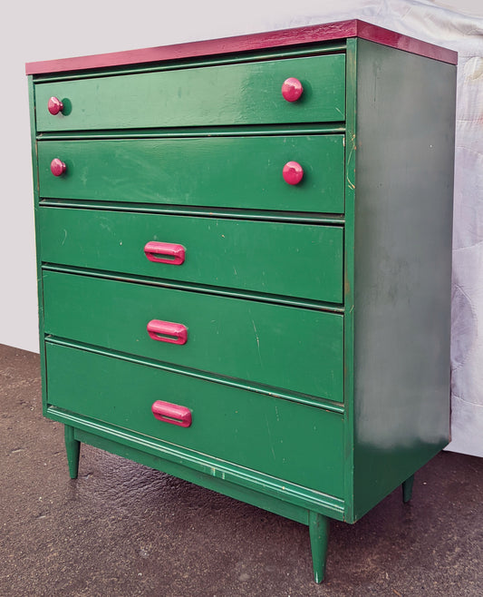 Green & Pink Vintage Old Mid Century Modern Antique Solid Wood Wooden Dresser Highboy High Boy Chest 5 Drawers