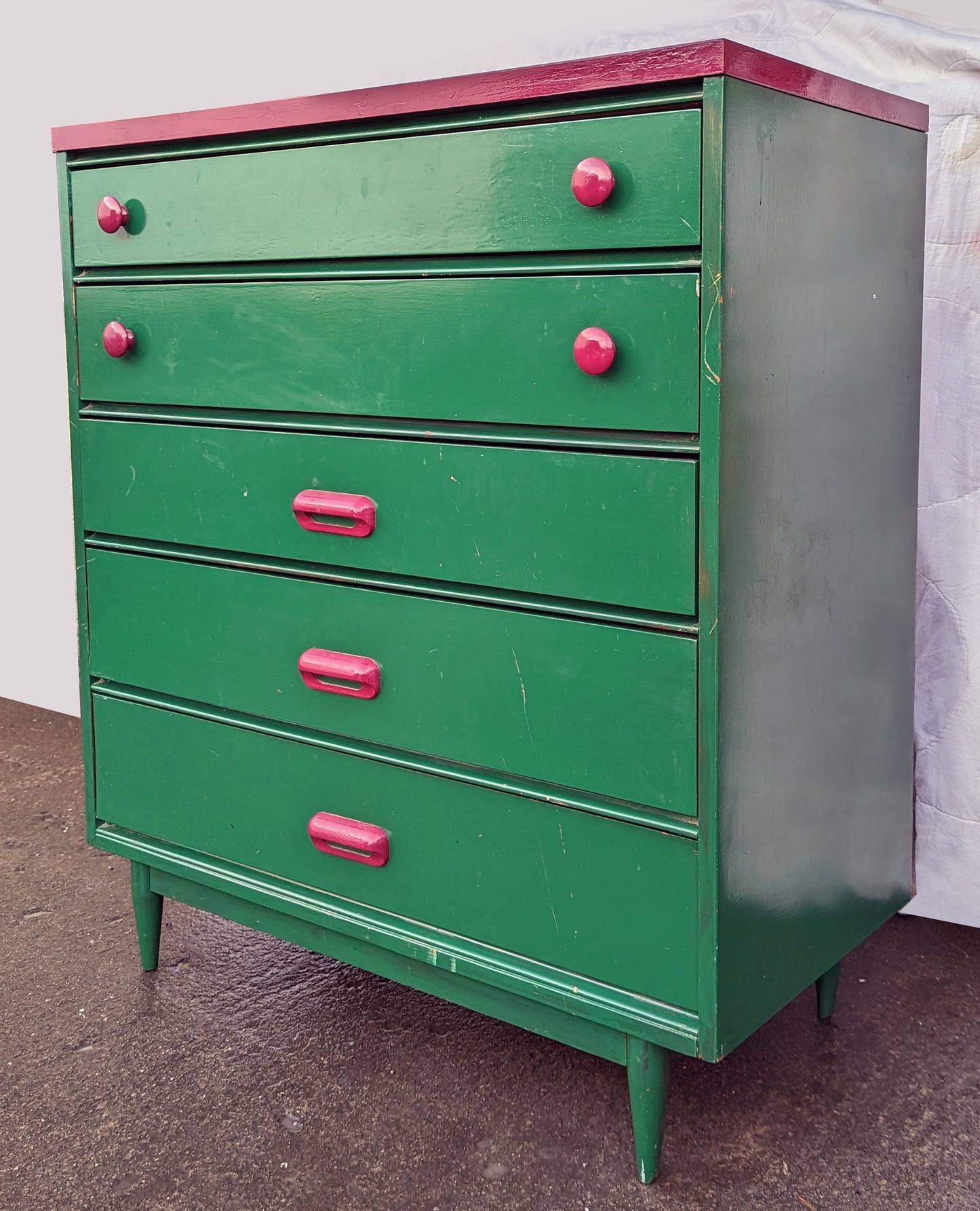 Green & Pink Vintage Old Mid Century Modern Antique Solid Wood