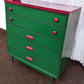 Green & Pink Vintage Old Mid Century Modern Antique Solid Wood Wooden Dresser Highboy High Boy Chest 5 Drawers