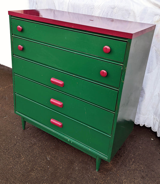 Green & Pink Vintage Old Mid Century Modern Antique Solid Wood Wooden Dresser Highboy High Boy Chest 5 Drawers